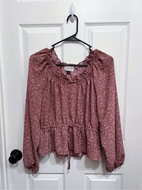 Universal Thread Floral Long Sleeve Peplum Top Mauve Rose Pink XS